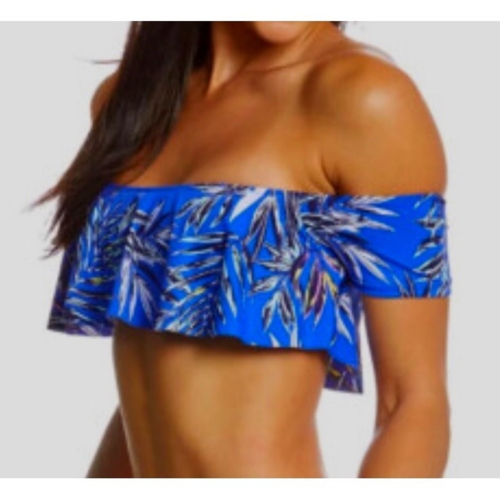 Hobie Bikini Top Off Shoulder Flounce Blue Palm Large Tropical Boho Coastal Surf